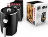 A black Kalorik air fryer is shown next to its packaging, which features an image of french fries. Podgląd zdjęcia produktu