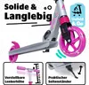Close-up of a pink and silver scooter with text overlays highlighting features. Produktbild-Vorschau