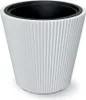 A white planter with a black insert is shown against a white background. Produktbild-Vorschau