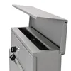 A close-up view of a gray metal mailbox with its lid open, showing the interior slot. Two keys are attached to a lock on the front. Produktbild-Vorschau
