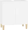 A white bathroom cabinet with two doors and wooden legs, shown against a white background. Náhled obrázku produktu