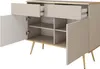 A beige sideboard with gold legs, shown with doors and drawers open. Voir les images du produit