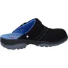A side view of a black clog-style shoe with blue lining and a grey sole. Produktbild-Vorschau
