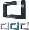 A modern entertainment center with multiple shelves and compartments, shown in black and gray. Below are smaller images of the same unit in different colors: white, blue, and a metallic gray. Produktbild-Vorschau