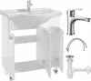 A white bathroom vanity with a sink and faucet, along with plumbing parts, displayed against a white background. Voir les images du produit