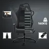 A split view of a gaming chair, showing its interior structure and exterior upholstery, with callouts highlighting specific features and a weight capacity indicator. Produktbild-Vorschau