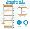 A wooden climbing ladder with numbered rungs and a hanging disc, shown with close-up details and feature icons. Podgląd zdjęcia produktu