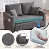 A collage of a gray sofa bed with close-up views of its material, a pillow, and its foam filling. The sofa is shown in a living room setting. Voir les images du produit