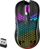 A black wireless gaming mouse with colorful RGB lighting and a USB receiver are shown against a white background. Produktbild-Vorschau