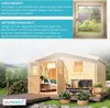 A wooden garden house with open doors and windows, set in a natural outdoor environment with plants and flowers. Produktbild-Vorschau