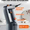 Close-up of the handle of an immersion blender with labels pointing out its features. Voir les images du produit