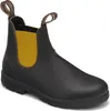 A single brown leather boot with yellow elastic sides. Voir les images du produit