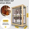 A drying cabinet for meat and sausage, with a close-up inset showing meat and sausages being hung. Dimensions are indicated. Produktbild-Vorschau
