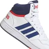 Close-up of a white Adidas Hoops Mid 3.0 K sneaker with blue stripes and red accents. Produktbild-Vorschau
