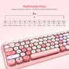 A close-up of a pink keyboard with round, colorful keys, with text overlays explaining multimedia functions. Náhled obrázku produktu