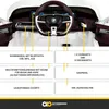 Close-up view of the interior dashboard and steering wheel of a children's electric car, with feature callouts. Produktbild-Vorschau