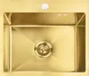 A top-down view of a golden sink with a drain. Podgląd zdjęcia produktu