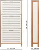 A product shot of a white shoe cabinet with wooden trim, shown from the front and side, with dimensions indicated. Produktbild-Vorschau
