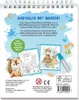 A children's water coloring book with a squirrel illustration and examples of colored pages. Produktbild-Vorschau
