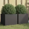 Two black square planters with green bushes in them, placed on grass in front of a wooden fence. Voir les images du produit