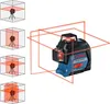 A Bosch laser level device with red laser lines projected around it, and diagrams showing different laser line configurations. Anteprima dell’immagine prodotto
