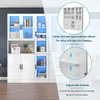 A white cabinet with blue interior shelves is shown, with text overlays highlighting storage and adjustable shelves. Podgląd zdjęcia produktu