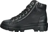 A side view of a black leather high-top sneaker with a thick sole and a zipper. Voir les images du produit