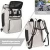 A collage showing a bicycle pannier bag that can also be used as a backpack, with a lifestyle shot of someone using it. Produktbild-Vorschau