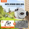 A marketing image showing an auto-rewind hose reel mounted on a wall, with a person using a hose in the background. Inset images compare the product to tangled hoses. Produktbild-Vorschau