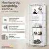 A white glass display cabinet with items on shelves, next to marketing text and feature callouts. Produktbild-Vorschau