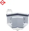 A white PVC gutter corner fitting with dimensions and angle indicated. Produktbild-Vorschau