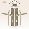A pair of antique bronze door handles are displayed against a light beige background with decorative elements and text. Produktbild-Vorschau
