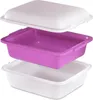 A three-piece steam cooking container set, consisting of a white lid, a purple inner container, and a white base container, is displayed against a white background. Produktbild-Vorschau