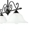 A close-up shot of a black chandelier with white glass shades. Produktbild-Vorschau