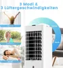 A collage of lifestyle images and a product shot of a white air cooler, with text overlays highlighting features. Voir les images du produit