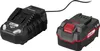 A black battery charger and a black battery with red accents are shown on a white background. Produktbild-Vorschau