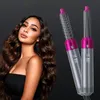 A woman with long, wavy brown hair is shown on the left, and two hair styling tools are displayed on the right against a dark background. Produktbild-Vorschau