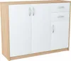 A white and wood grain sideboard with two doors and two drawers, shown from the front at a slight angle.