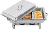 A stainless steel chafing dish with two compartments, one containing chicken wings and the other containing a pile of shredded cheese. The lid is partially open. Voir les images du produit