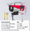 A red electric hoist with product specifications and dimensions displayed. Podgląd zdjęcia produktu
