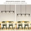 A split image showing a black pendant light fixture with four glass shades hanging over a wooden dining table with chairs. Anteprima dell’immagine prodotto