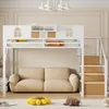 A white loft bed with a sofa underneath, set in a room with decorative molding and a chandelier. Produktbild-Vorschau