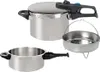 Three stainless steel pressure cookers and a steamer basket are displayed against a white background. Produktbild-Vorschau