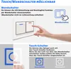 The image shows two sections. The top section illustrates a wall switch and its function. The bottom section demonstrates a touch switch and its operation. Produktbild-Vorschau