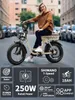 A woman is sitting on an electric bike on a city street. Produktbild-Vorschau