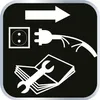 An instructional graphic showing how to plug in a device and consult a manual. Produktbild-Vorschau