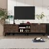 A modern living room scene featuring a dark wood TV stand with a television mounted above it. A cat is sleeping on a mat in the foreground. Produktbild-Vorschau