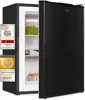 A black mini refrigerator with its door slightly ajar, revealing shelves with food items. Several award badges are attached to the left side of the refrigerator. Produktbild-Vorschau