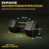 A pair of black hexagonal dumbbells with measurement lines and text overlays indicating dimensions and product information. Produktbild-Vorschau