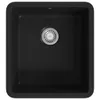 A top-down view of a black granite kitchen sink with a silver drain. Produktbild-Vorschau